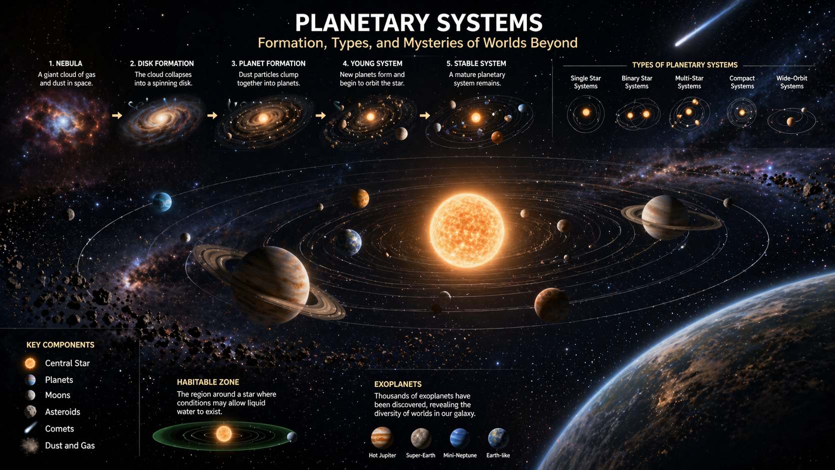 Planetary Systems Formation, Types, and Mysteries of Worlds Beyond